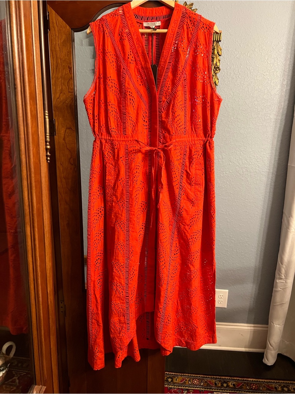 All Saints Bright Red Eyelet Maxi Dress with Tie Waist